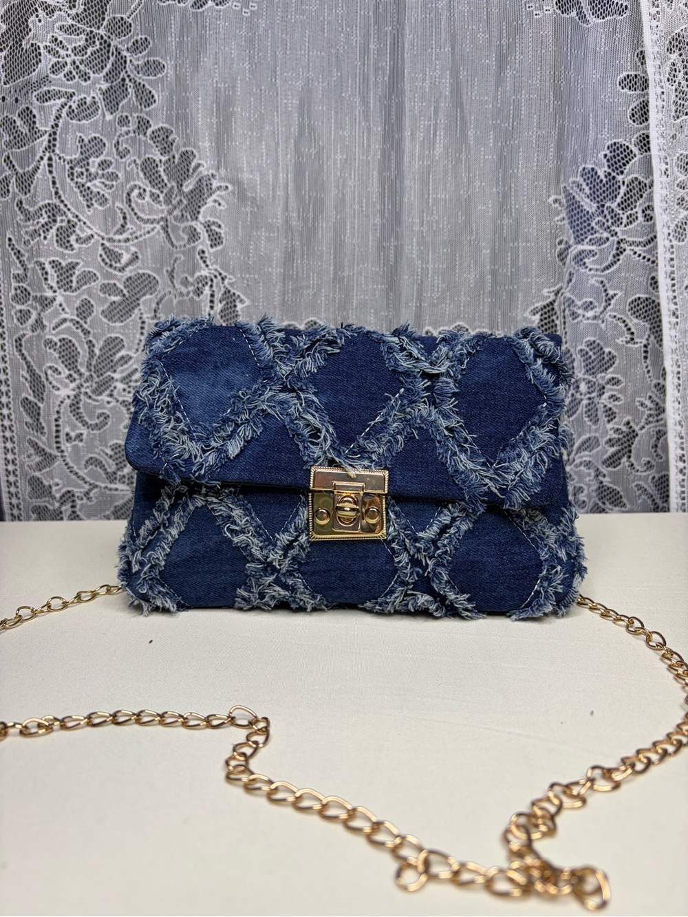 Denim Fringe Chain Shoulder Bag - Blue